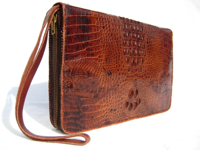 Stunning Brown & Tan 1960's Hornback CROCODILE Skin Handbag