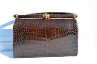 Dk. Chocolate 1950's-60's Structured Alligator Belly Skin Handbag - Python Snake Skin Lining!