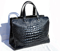 XXL 15" x 11" LANA MARKS Jet Black Alligator Belly Skin Handbag Shoulder Bag TOTE - ITALY