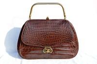 Stunning 1950's-60's Brown Crocodile Skin Satchel Style Bag
