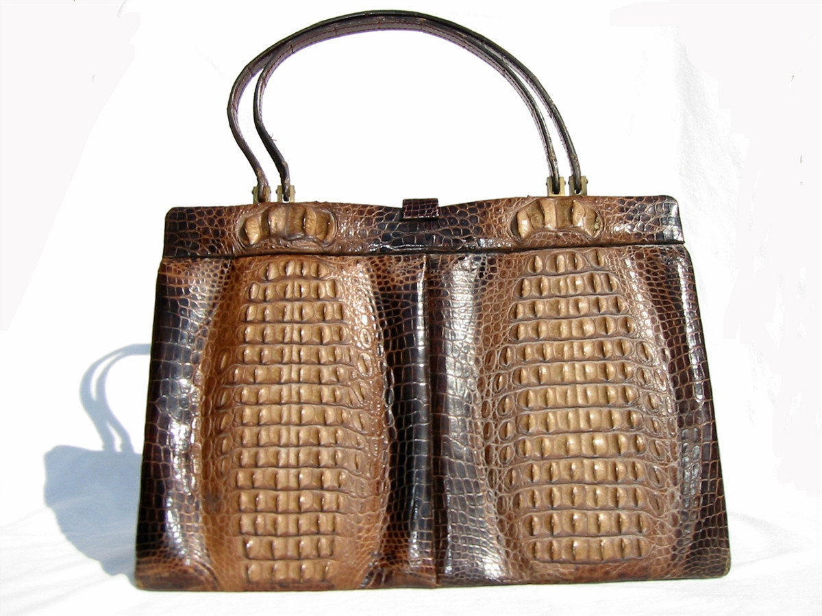 Chocolate 1980's Double HORNBACK Crocodile Skin Handbag - Vintage Skins