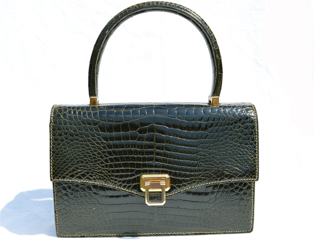Vintage 1950's-60's HERMES Sac Cordeliere CROCODILE POROSUS Handbag -  FOREST GREEN - Vintage Skins