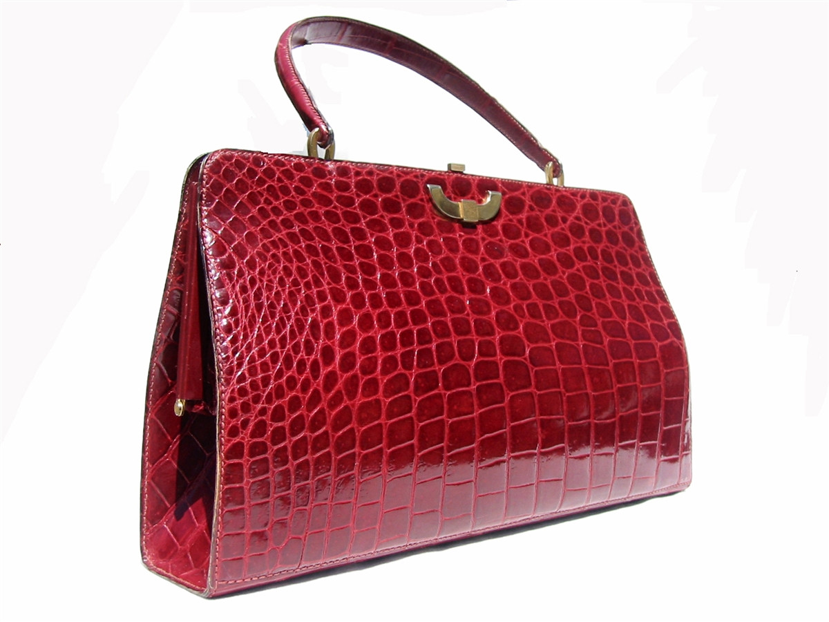 XL 15" Classic 1960's CRANBERRY Red Spritzer & Fuhrman CROCODILE Belly  Handbag - GRIMALDI - Vintage Skins
