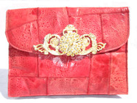 Jeweled RED 1970's-80's GENUINE FROG SKIN Clutch Shoulder Bag