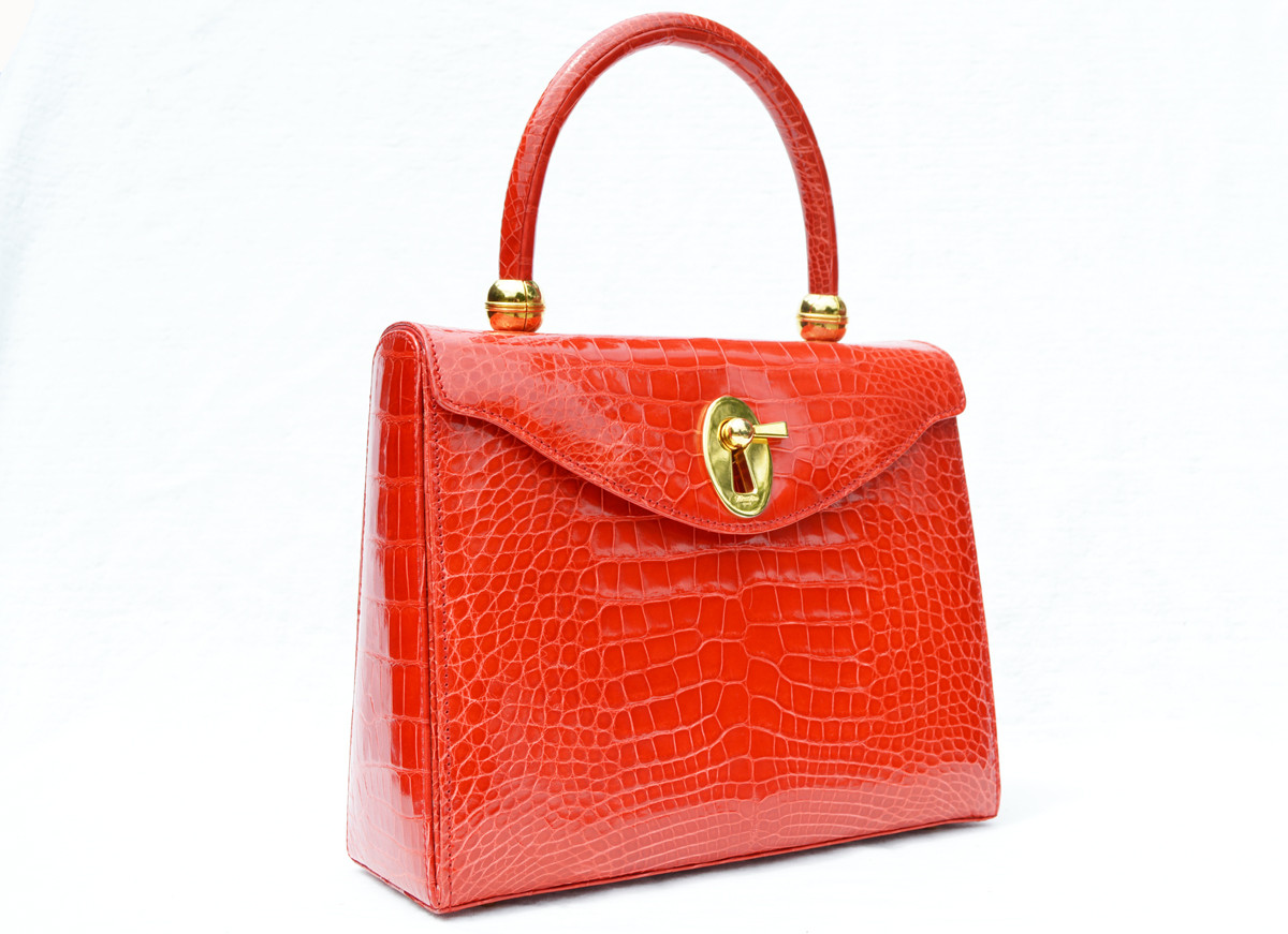 VIRANDA Shiny Red Crocodile Belly Leather Handbag Size 25