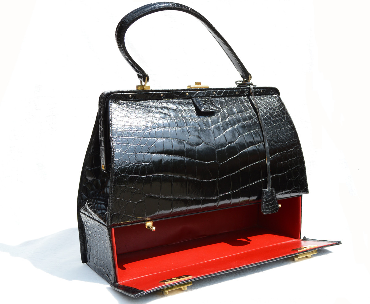 Rare 1950'-60's BLACK Alligator Belly Skin SAC MALLETTE Handbag - Vintage  Skins