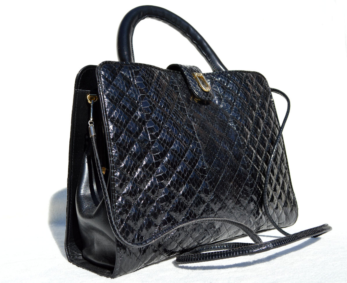 NAVY BLUE Chanel-Style 1980's-90's Quilted Snake Skin TOTE