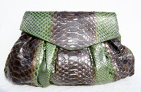 Stunning XL Metallic GREEN & BROWN PYTHON Snake Skin Clutch Shoulder Bag - Fatto a Mano CARLOS FALCHI