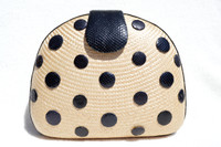 French Style! Natural 1980's STRAW Clutch Shoulder Bag w/Black COBRA Snake Skin Polka Dots!