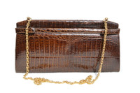 1980's Chocolate Brown Crocodile Belly Skin Clutch Shoulder Bag