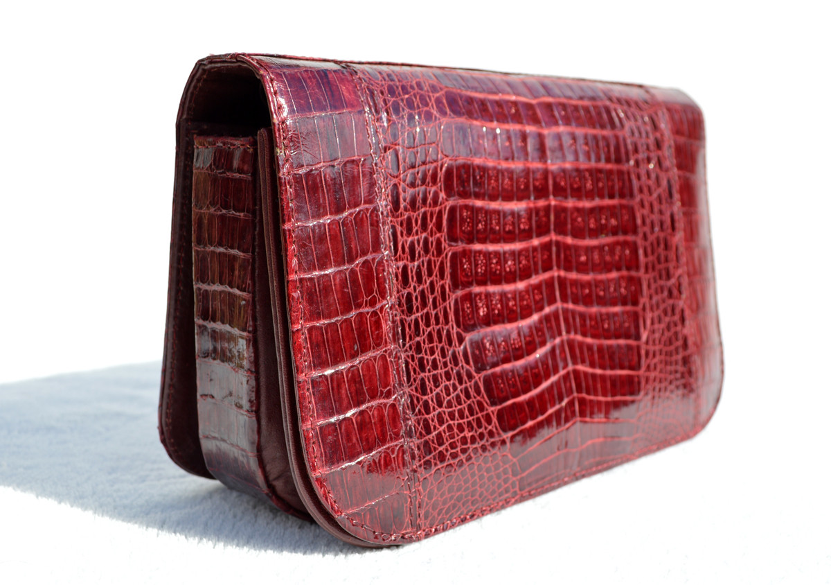 Sleek Hermes-Style 1990's BURGUNDY RED CROCODILE Skin Clutch