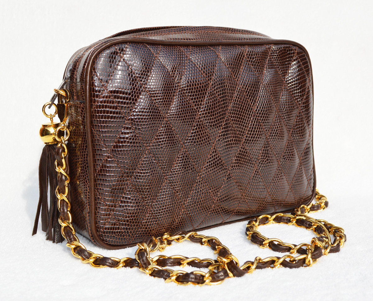 Chocolate BROWN Chanel-Style 1980's-90's Quilted LIZARD Skin Shoulder Bag - WALTER  KATTEN - Vintage Skins