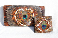 1970's PEACOCK Feather CLUTCH Bag & Wallet - Heart!
