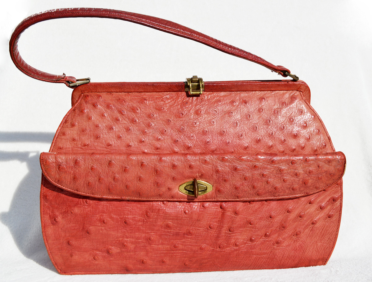 Red 1950's-60's GENUINE OSTRICH Skin Handbag - PRADO Bags - Vintage Skins