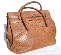 HUGE 20 x 15 1990's Dark Tan OSTRICH Skin BIRKIN Style Carry-on LUGGAGE Bag - OGGI - ITALY