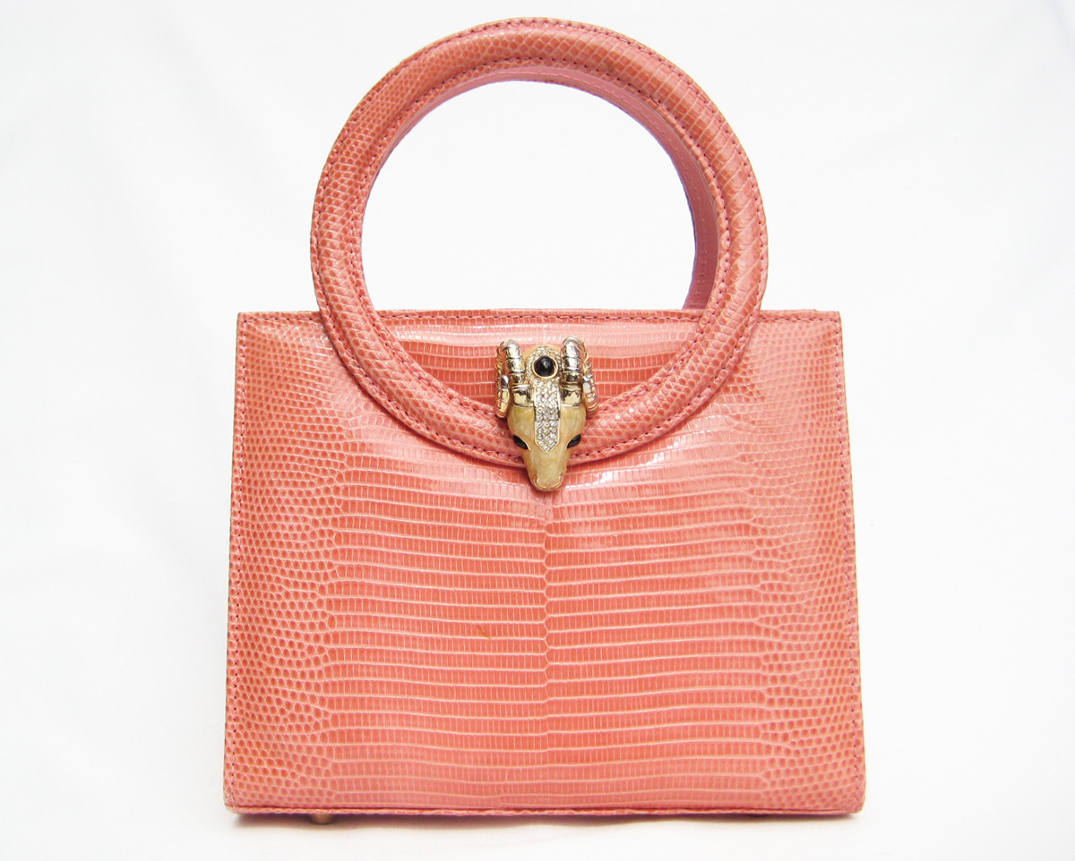 Early 2000's PINK Lizard Skin Handbag - Double ROUND Handles - Enamel ...