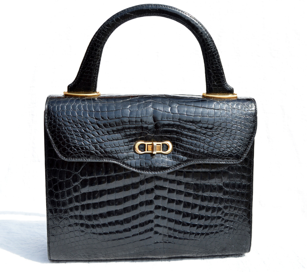 FERNANDE DesGRANGES 1950's Black CROCODILE Porosus SHOULDER Bag