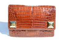 SISO 1990's Chestnut CROCODILE Belly Skin Clutch Shoulder Bag - ITALY - Hermes Style