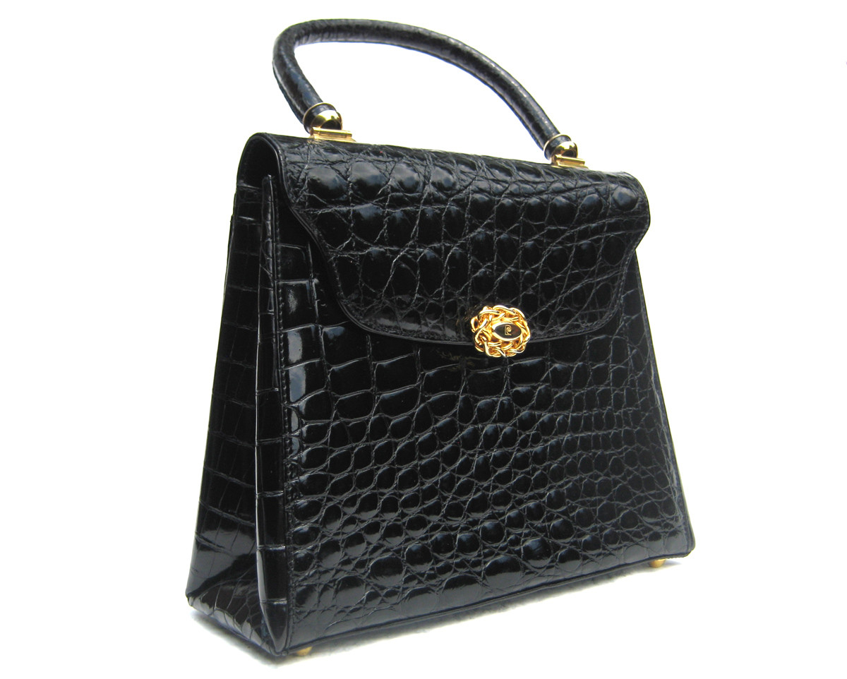 Vintage Italian 1980s glossy black alligator handbag /shoulder bag