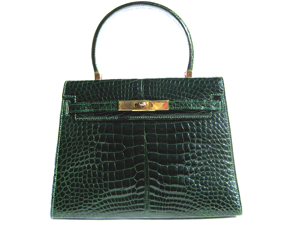 XXL Early 2000's Stunning GREEN CROCODILE Belly Skin BIRKIN Style Bag  SATCHEL - OLOP - ITALY - Vintage Skins