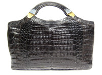 Ample 14" 1970's-80's Jet Black CROCODILE Skin Handbag Clutch Bag