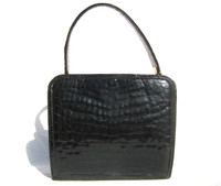 LOPEZ Classic BLACK 1960's CROCODILE Caiman Belly Skin Handbag