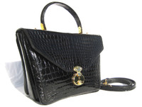 Unique  JET BLACK 1990's CROCODILE Handbag Shoulder Bag - Lock & Key!