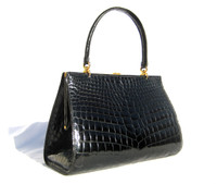 Voluptuous 1950's-60's Glossy Black CROCODILE Skin Handbag - SAKS FIFTH AVE