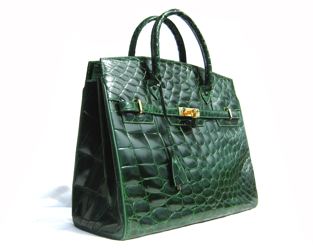 XXL Early 2000's Stunning GREEN CROCODILE Belly Skin BIRKIN Style Bag  SATCHEL - OLOP - ITALY - Vintage Skins