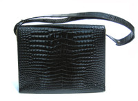 Gorgeous 1980's-90's Jet Black CROCODILE  Porosus Belly Skin Shoulder Bag SATCHEL - GRIMALDI - Made in France