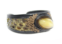 Yellow Agate Stone & GREEN COBRA Snake Skin CUFF Bracelet