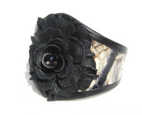 Black Leather Flower & Cream/Black COBRA Snake Skin CUFF Bracelet