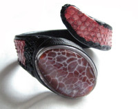 New! Red CRAB AGATE & COBRA Snake Skin CUFF Bracelet