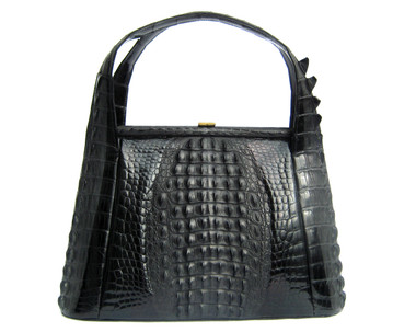 Remarkable JET BLACK 1960's Hornback ALLIGATOR Skin Handbag w Horned ...
