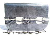 METALLIC Silver Gray & Black 1980's Snake Skin Clutch Shoulder Crossbody Bag - ANDREA PFISTER