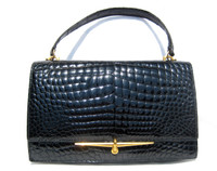1950's-60's Jet Black CROCODILE Skin Handbag Shoulder Bag - Hermes Style