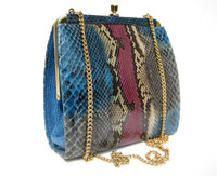 Late 1990's BLUE, Tan, PINK & Gray Python Snake Skin Clutch Shoulder Bag 