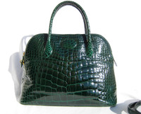 XL Dark GREEN Alligator Belly Skin Handbag Bowler BOLIDE - SISO - ITALY