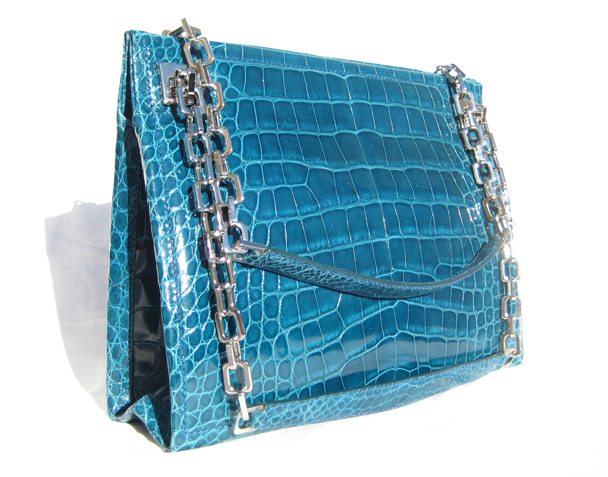 Stunning 2010's TEAL BLUE Alligator Belly Skin Shoulder Bag - BALLY - ITALY  - Vintage Skins