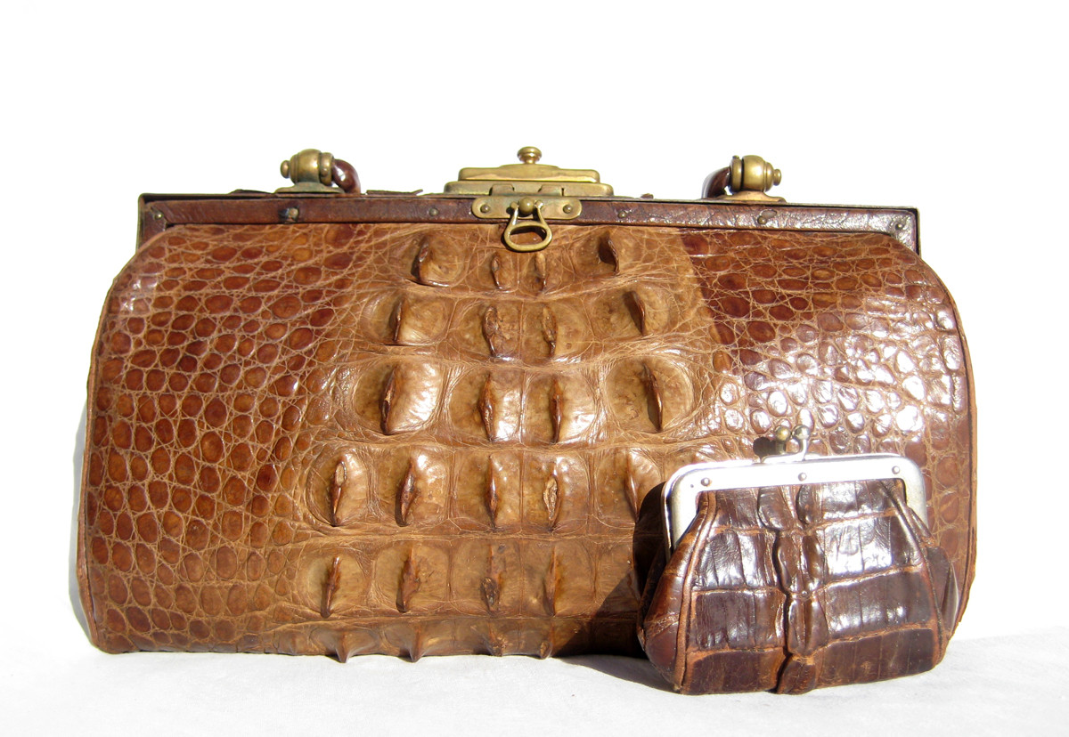 Lovely Honey Brown Antique Early 1900's Hornback ALLIGATOR Skin Bag  w/Change Purse - Vintage Skins