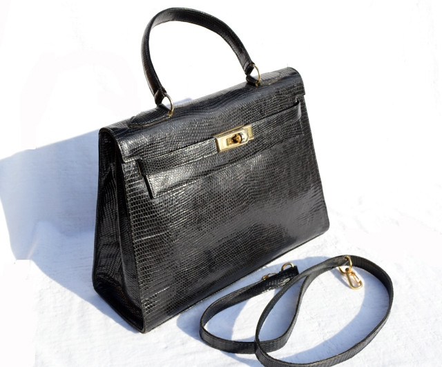 1980's-90's BLACK Birkin Style LIZARD Skin KELLY Bag BRIEF - Vintage Skins