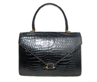Stunning 1960's JET BLACK CROCODILE Belly Skin Handbag - BERMA Paris
