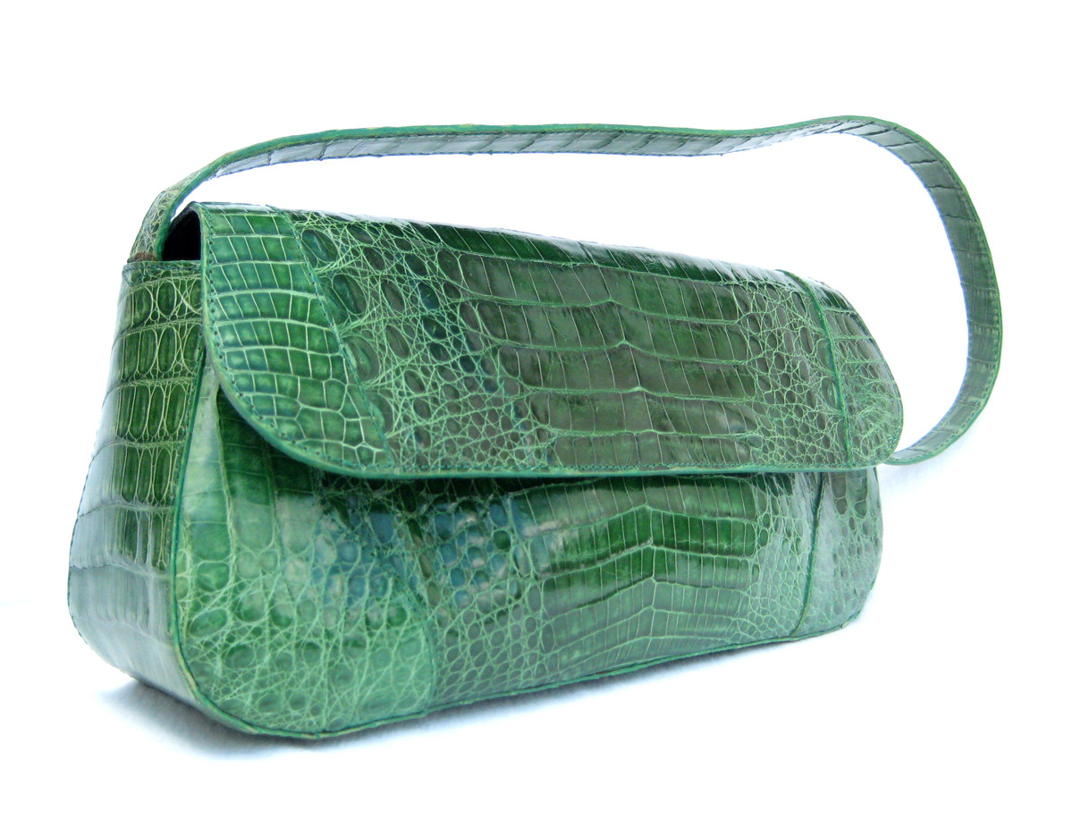 Bright GREEN 2010's CROCODILE Belly Skin Shoulder Bag w/Unique Hardware -  Vintage Skins