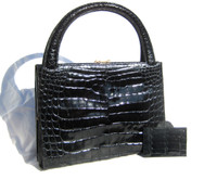 Unique 1980's Jet Black Alligator Belly Skin Handbag - Great Handles!