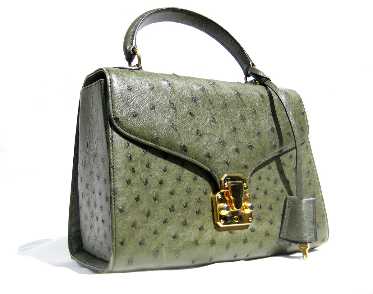 Early 2000's Army Green OSTRICH Skin Handbag Shoulder Bag - Georges KUC -  PARIS - Vintage Skins
