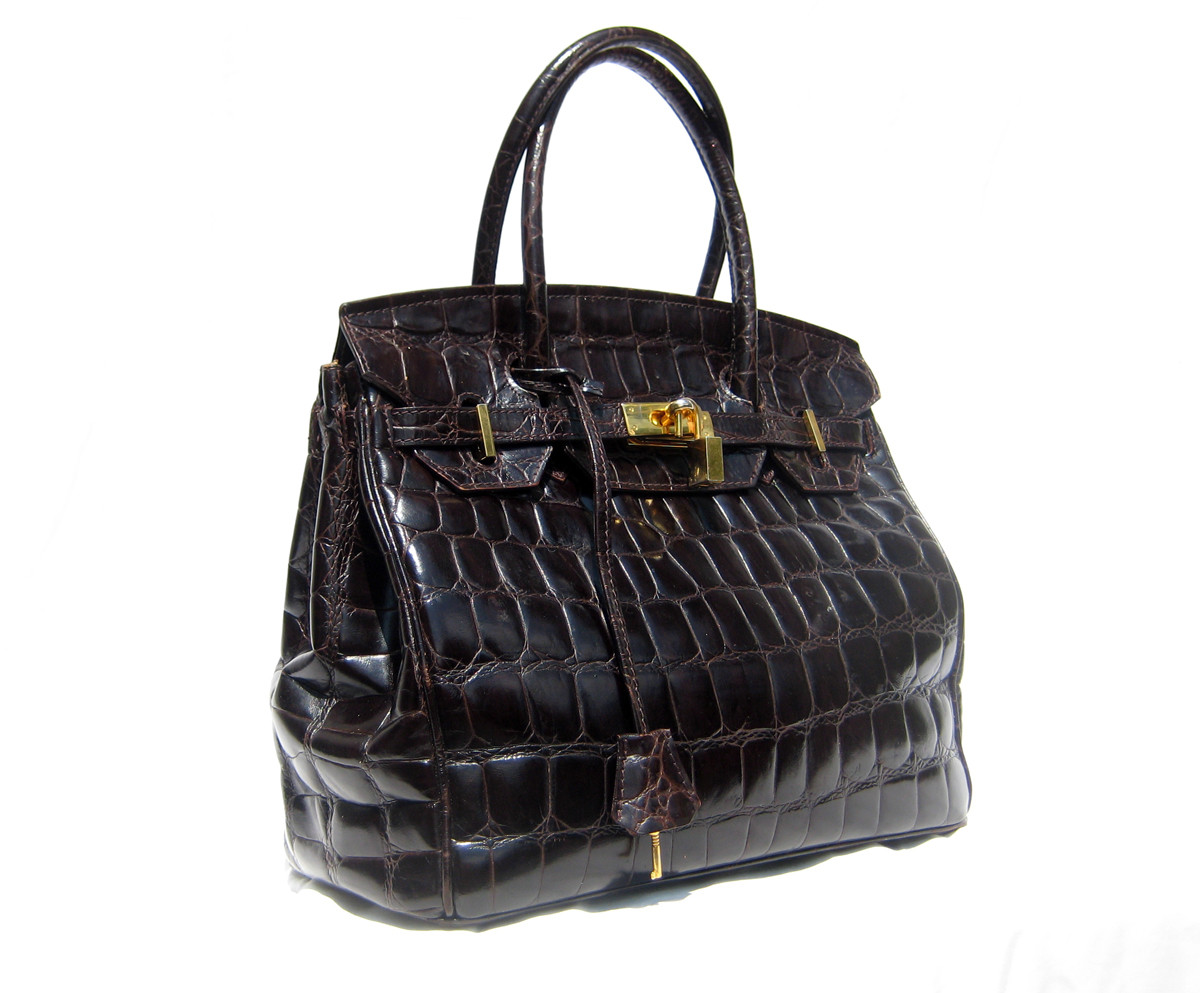 1980's-90's BLACK Birkin Style LIZARD Skin KELLY Bag BRIEF - Vintage Skins