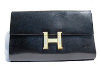 LARGE 1960's BLACK Lizard Skin Clutch Shoulder Bag - FINESSE LA MODEL - Hermes Style