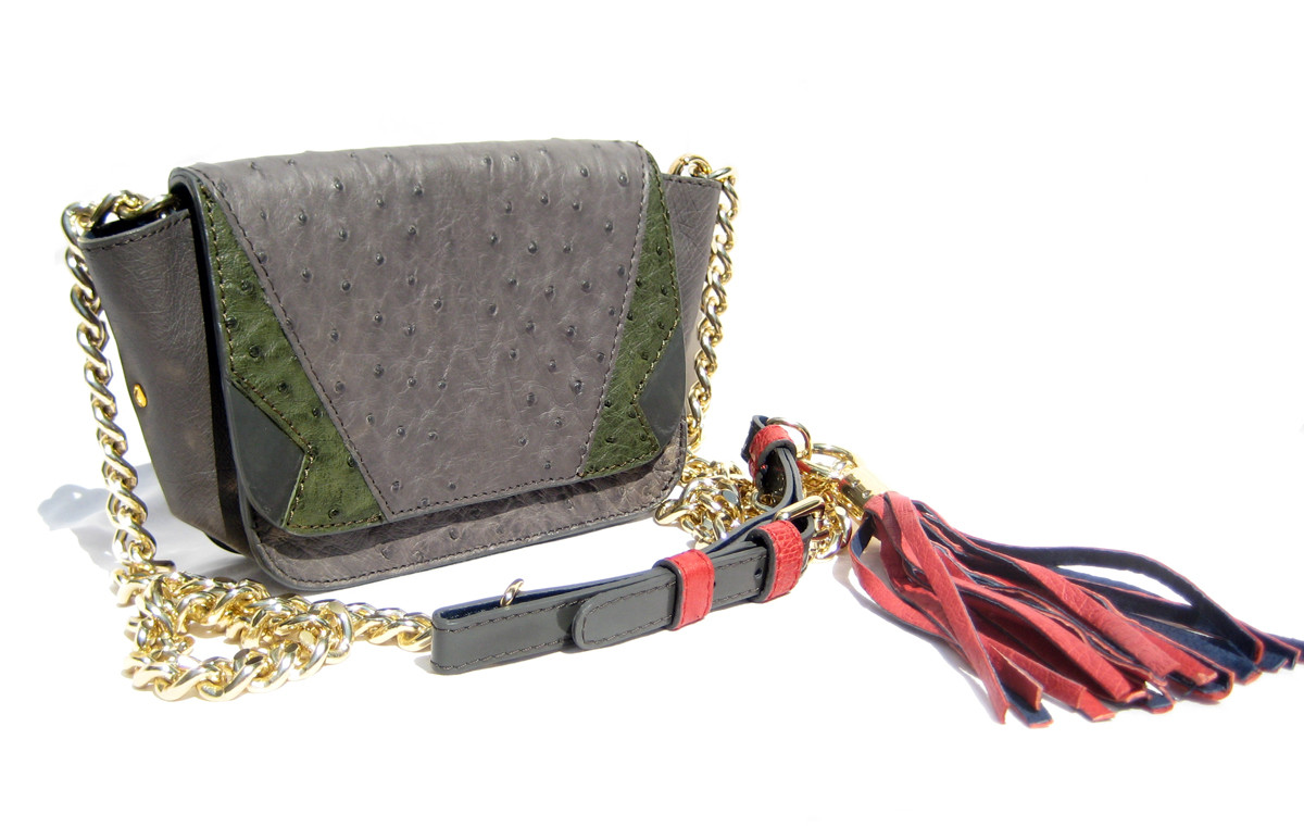 Small GRAY, GREEN & RED 2000's Ostrich Skin Clutch CROSS Body Shoulder Bag  - ITALY - Vintage Skins