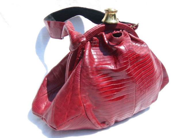 Ruby Red DECO Style 1950's LIZARD Skin Handbag - RENALE - Vintage Skins