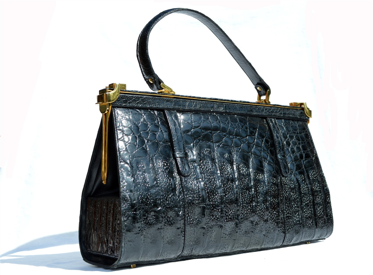MASSIVE 1990's Black CROCODILE Skin SATCHEL Shoulder Handbag - LOCKS ...